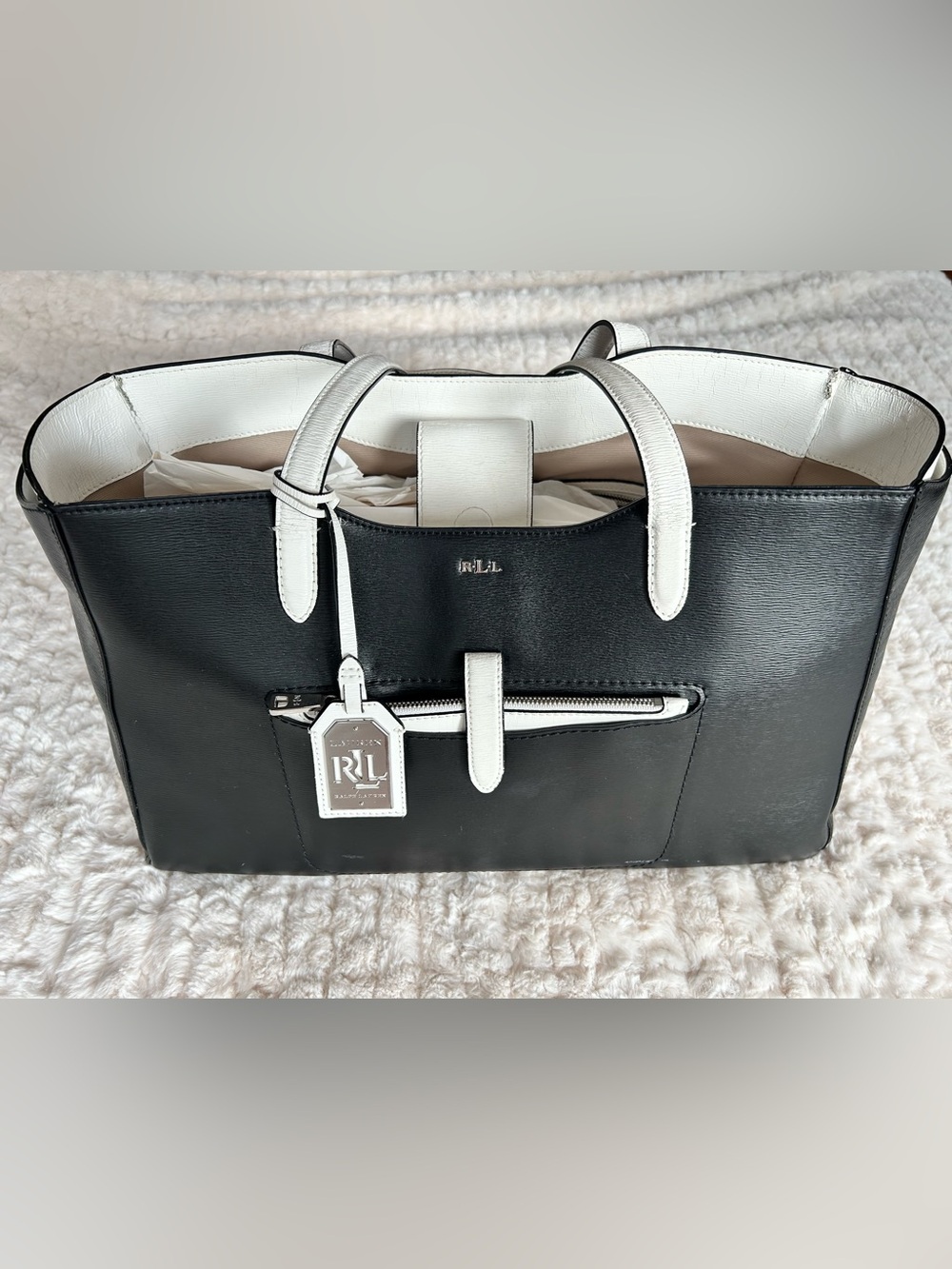Ralph Lauren Black & White Contrast Leather Tote with Front Zip